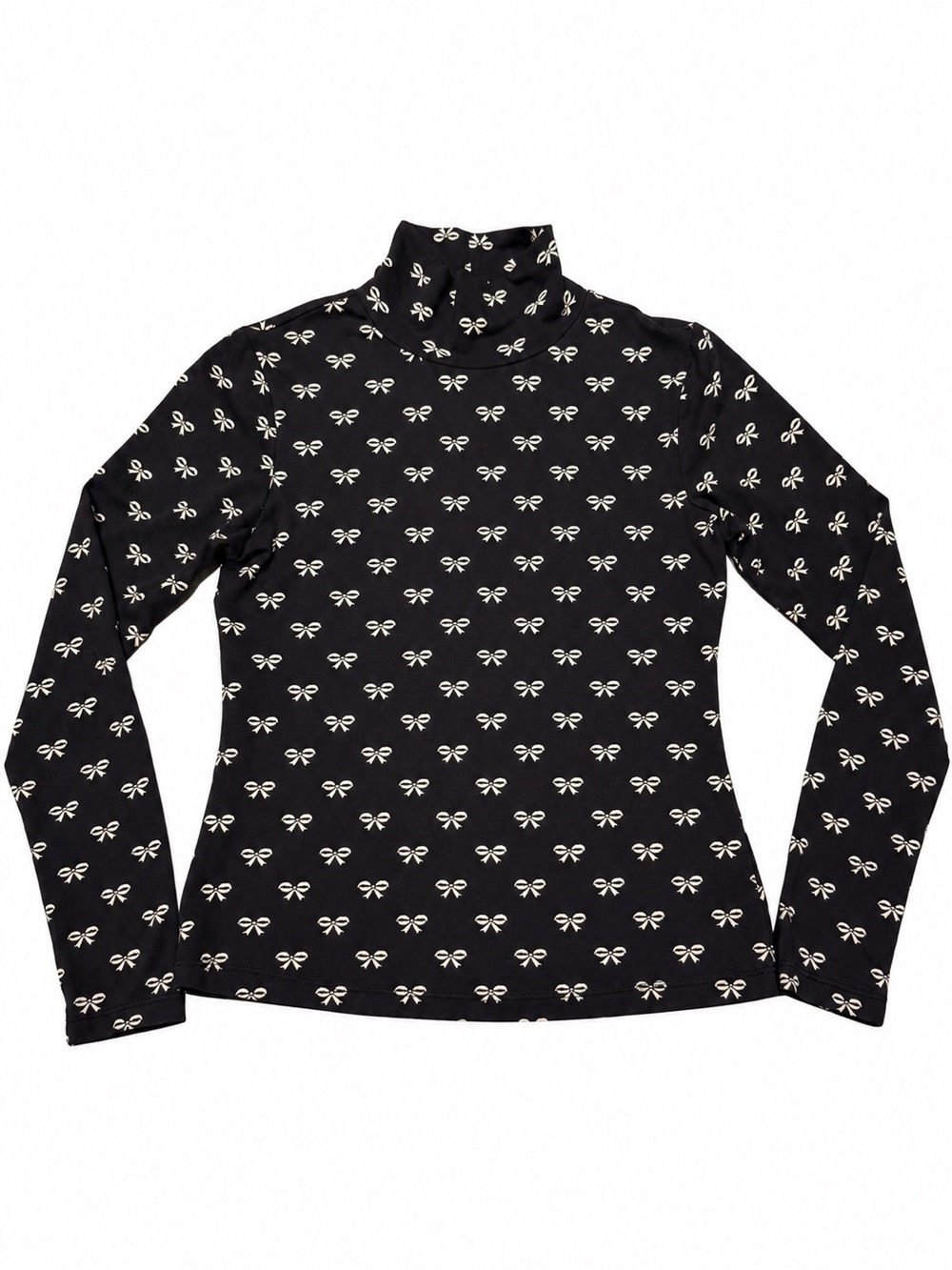 Maeve Anthropologie Bow Print Mock Neck Top Black Ivory SP Petite